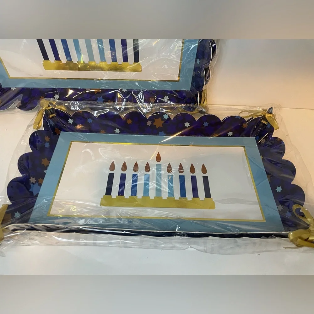 Hanukkah Party 13”x 8” Serving Trays, Blue & Gold, Party Tray,4 Disposable Trays